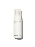 White foam pump bottle of gentle apple seed bubble cleanser with minimalist black text on white background
