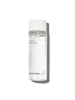 Clear bottle of gentle lip and eye makeup remover with white cap and minimal black text on white background