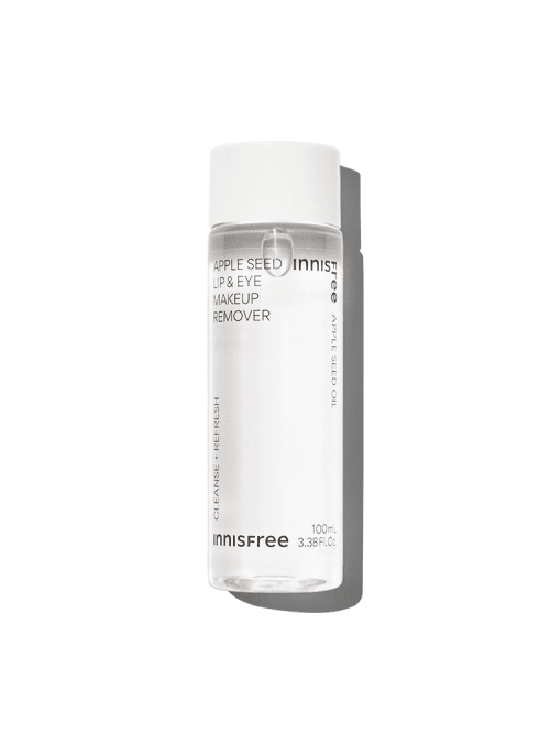 Clear bottle of gentle lip and eye makeup remover with white cap against a white background