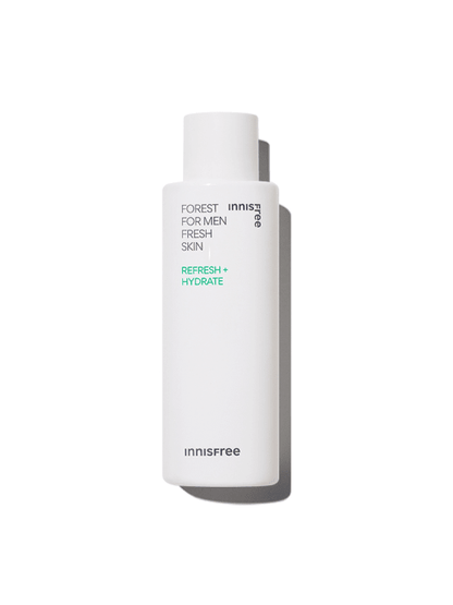 White bottle of men's skincare lotion promoting hydration and refreshing effects with minimalist text design on plain background