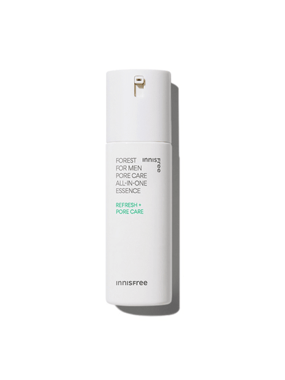 Minimalist white bottle of pore care essence with pump dispenser and green text highlighting refresh and pore benefits