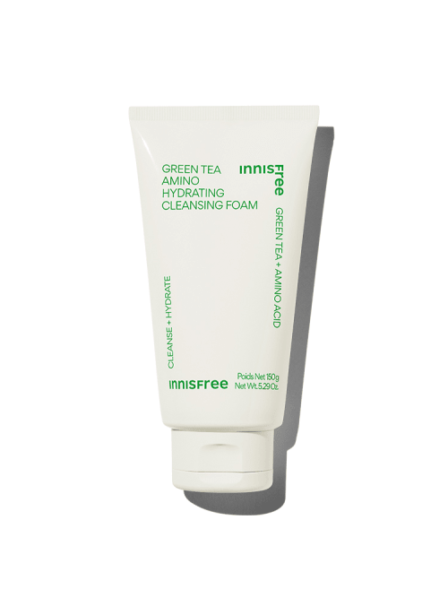White tube of hydrating cleansing foam featuring green text highlighting green tea and amino acid benefits