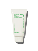 White squeeze tube of hydrating cleansing foam with green text emphasizing mild cleansing and green tea amino benefits
