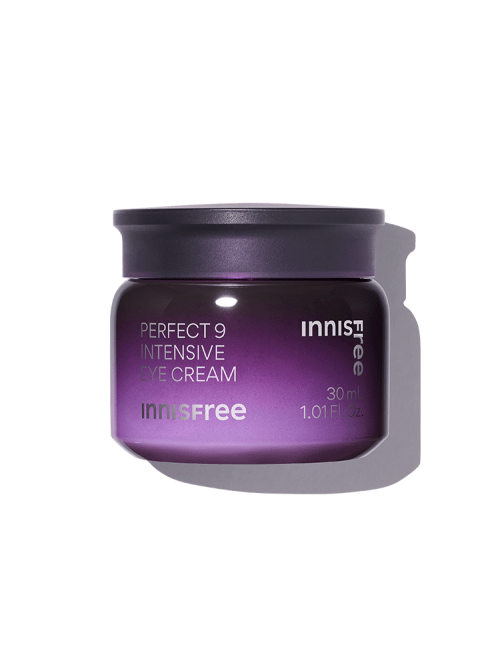 Purple jar of intensive eye cream with hydration boost benefits on a white background and soft shadow