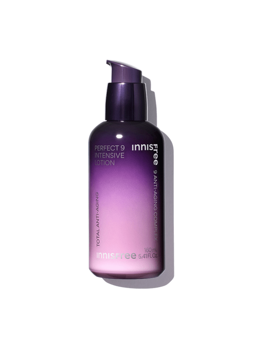 Purple gradient bottle of hydrating intense lotion with pump dispenser emphasizing anti-aging and moisture retention benefits