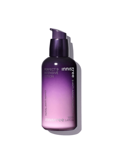Purple gradient bottle of hydrating intense lotion with pump dispenser emphasizing anti-aging and moisture retention benefits