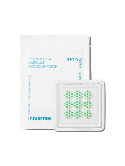 White pouch with blue text and a clear tray of green dotted patches for targeted skin renewal care.