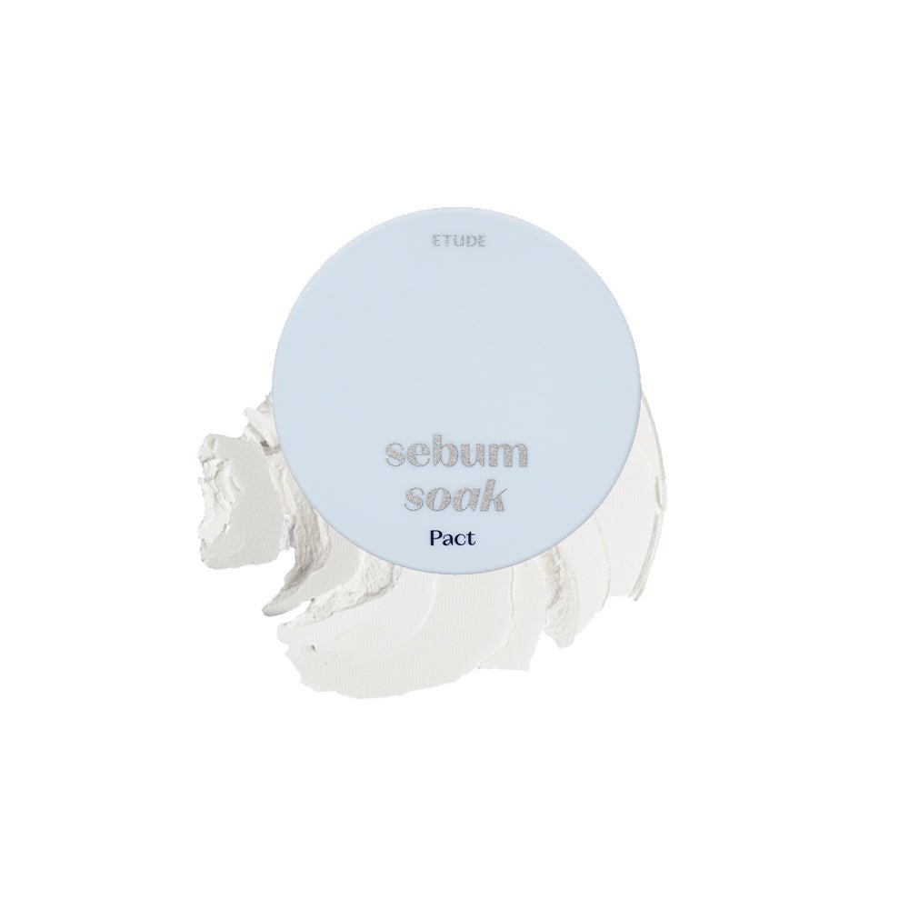 ETUDE Sebum Soak Pact 9.5g compact with light powder swatch highlighting effective oil control benefits