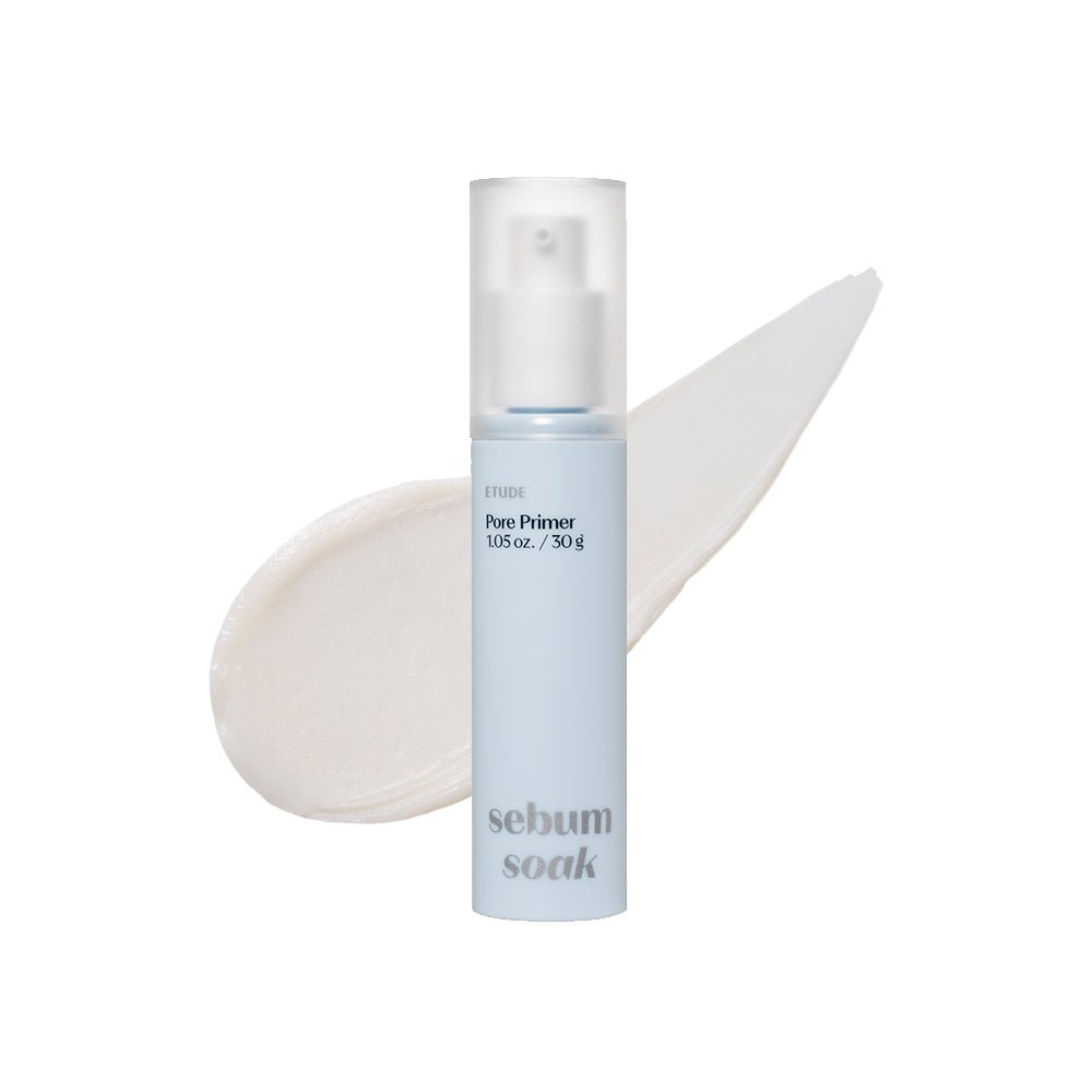 ETUDE Sebum Soak Pore Primer 30ml in light blue bottle with pump next to smooth creamy primer swatch