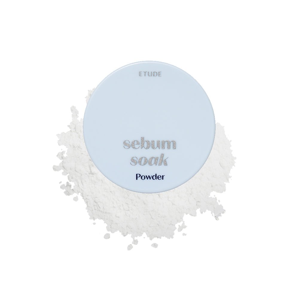 ETUDE Sebum Soak Powder 5g with translucent finish loose powder in light blue compact container on white background