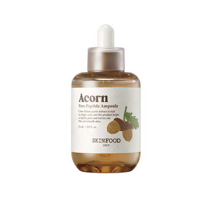 Clear amber ampoule bottle with dropper cap featuring acorn illustration and peptide-enriched pore care formula label