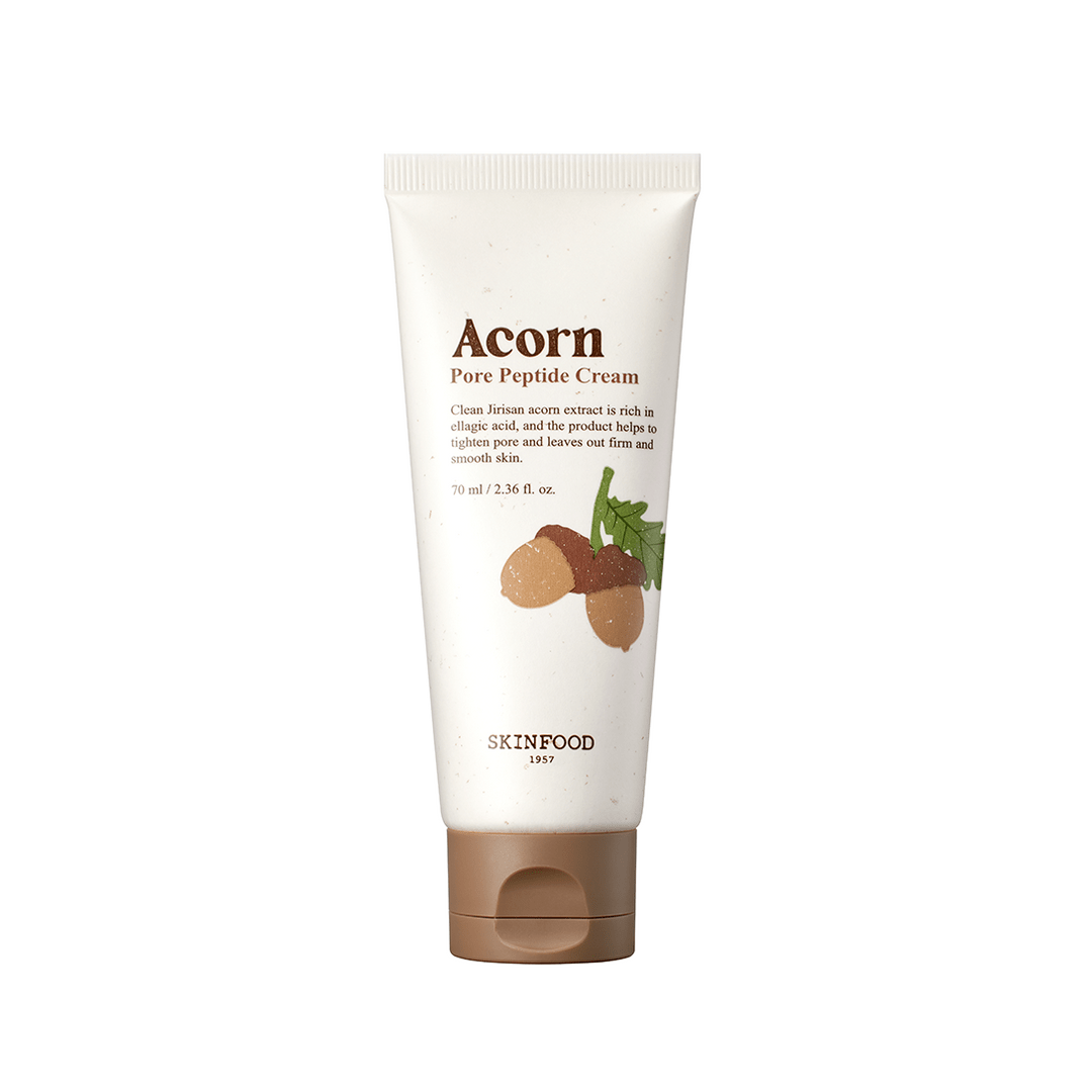 Beige skincare tube with acorn illustration containing peptide pore tightening cream on white background