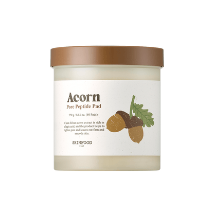Frosted jar with brown lid containing pore tightening peptide pads featuring acorn illustration on label