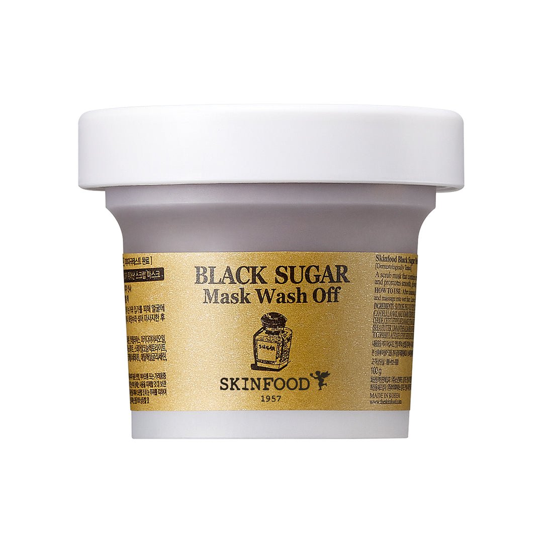 White jar of SKINFOOD Black Sugar Mask Wash Off with gold label highlighting effective exfoliation benefits