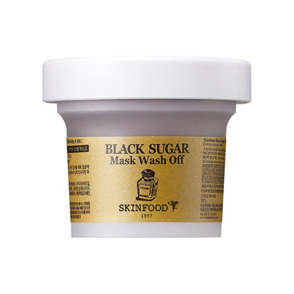 White jar of SKINFOOD Black Sugar Mask Wash Off with gold label highlighting effective exfoliation benefits