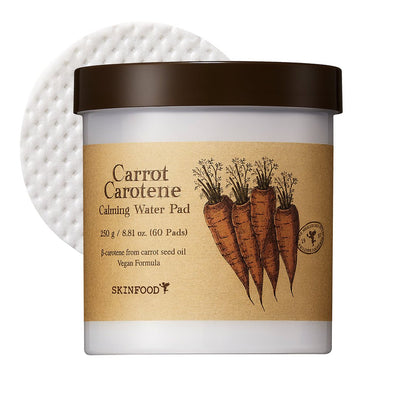 White jar with brown lid containing calming water pads for redness relief with illustrated carrots on label