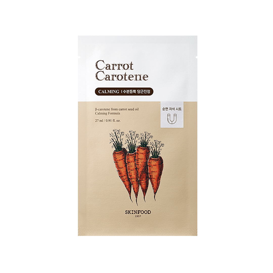 Beige and white skincare mask packet featuring illustrated carrots and calming hydration formula text