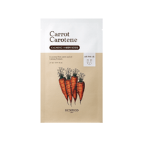 Beige and white facial mask packet featuring illustrated carrots and calming hydration formula text