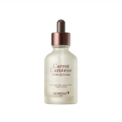 Frosted glass dropper bottle of SKINFOOD Carrot Carotene Moist Effector featuring hydrating serum with carrot seed oil