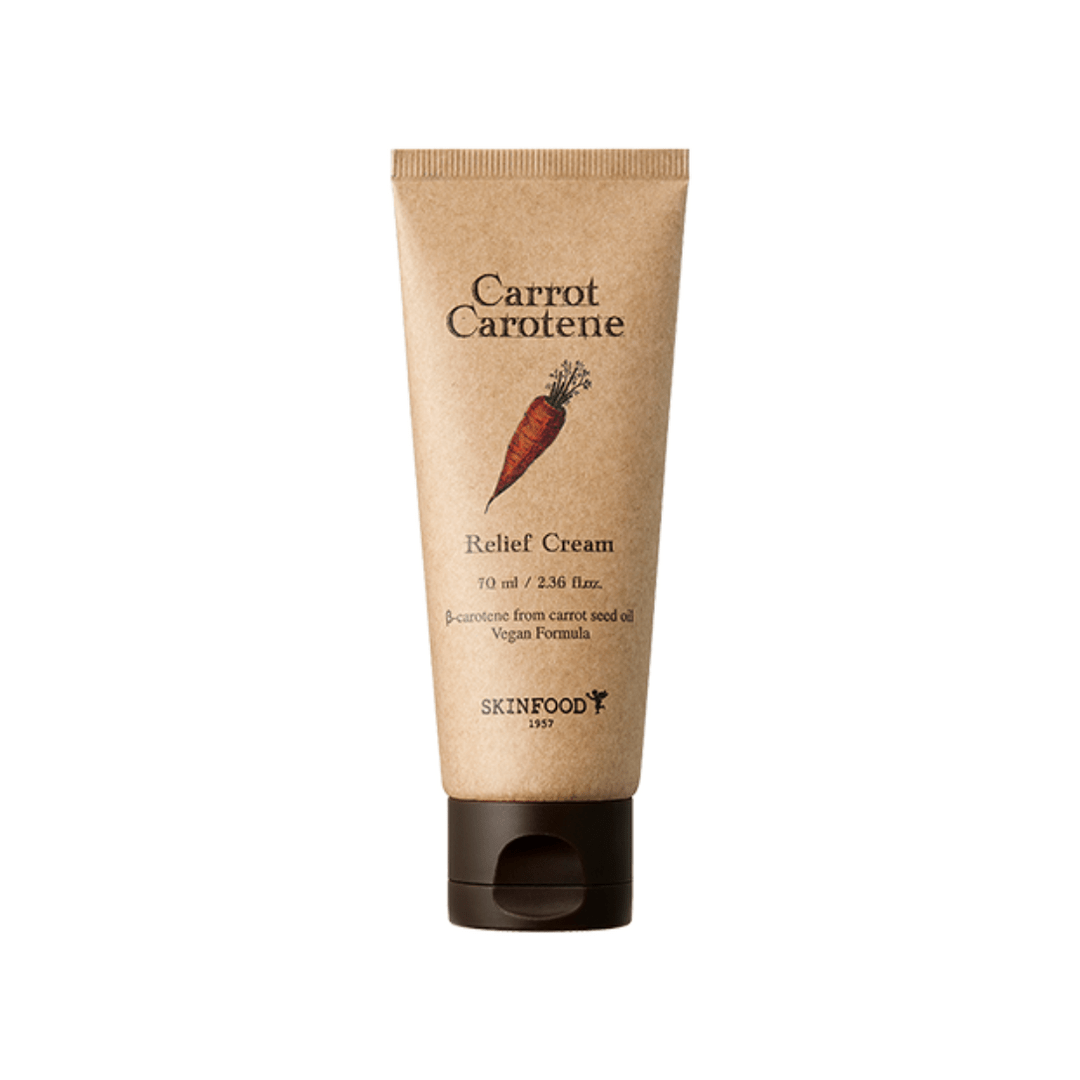 Tube of vegan carrot-infused relief cream with natural brown packaging and black flip-top cap on white background