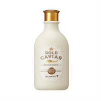 Creamy white emulsion bottle with gold cap and label highlighting nourishing formula and caviar extract benefits