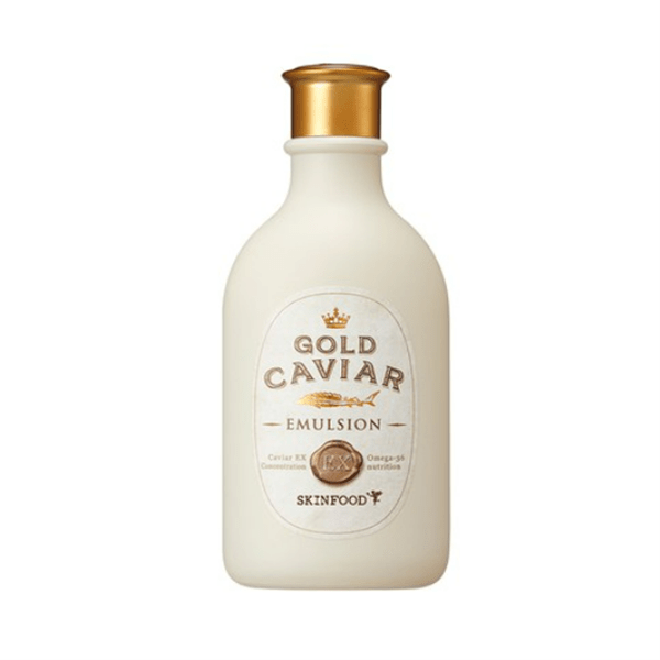 Creamy white emulsion bottle with gold cap and label highlighting nourishing formula and caviar extract benefits