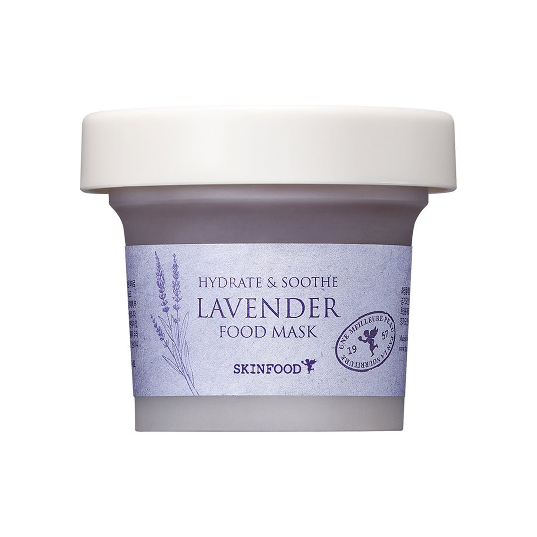 Small jar of lavender food mask with purple label emphasizing hydration and soothing benefits on white background