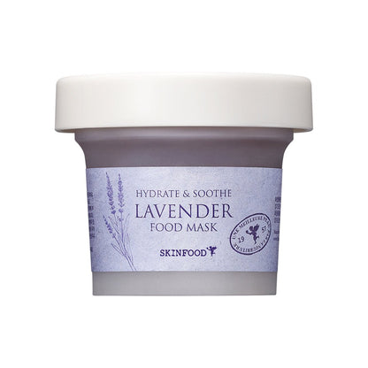 Small jar of lavender food mask with purple label emphasizing hydration and soothing benefits on white background