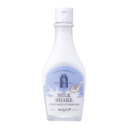 White bottle of gentle milk shake point make-up remover with blue label and milk jug illustration on front