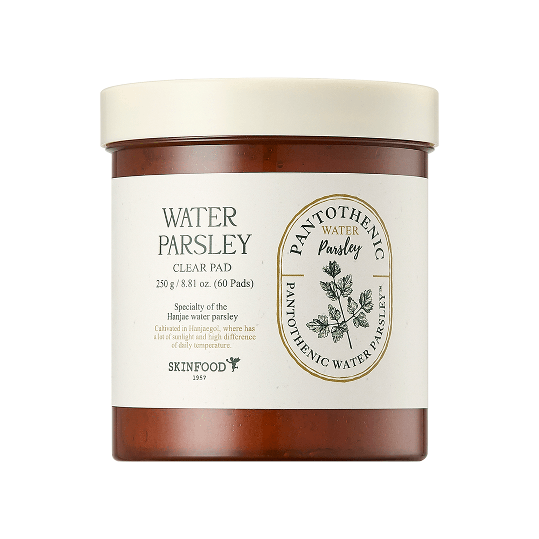 Brown jar with white lid containing soothing Water Parsley clear pads for instant calming skincare benefits
