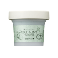 Small jar of cooling deep cleanse pear mint food mask with pale green label and white lid on white background