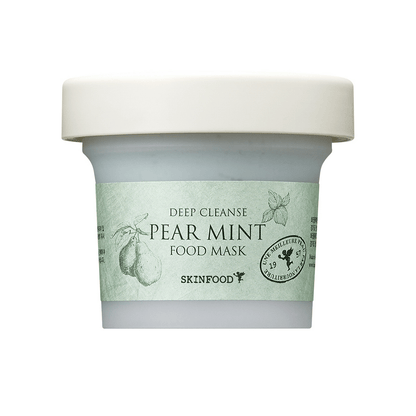 Small jar of cooling deep cleanse pear mint food mask with pale green label and white lid on white background