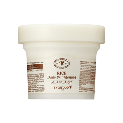 Creamy white jar of brightening wash-off mask with simple brown label emphasizing rice extract benefits