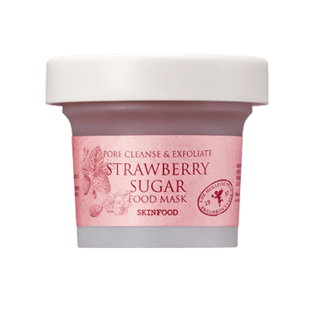 Small jar of gentle exfoliating strawberry sugar food mask with pale pink label and white lid on white background