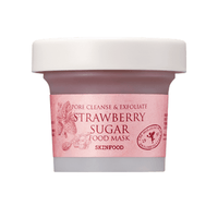Small jar of gentle exfoliating strawberry sugar food mask with soft pink label and white lid on white background