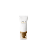 White and beige air-fit suncream tube with gentle protection formula on transparent base against white background