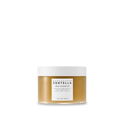 Jar of brown calming pads container with white lid and centered label displayed on white background