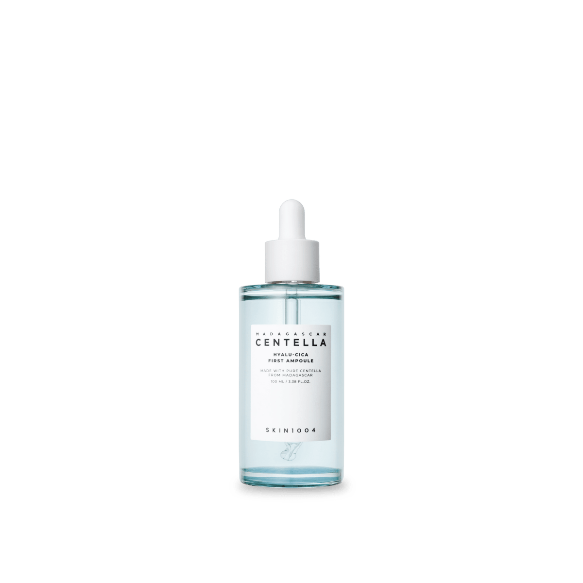 Clear blue serum ampoule bottle with white dropper cap and minimalist centered label on transparent background