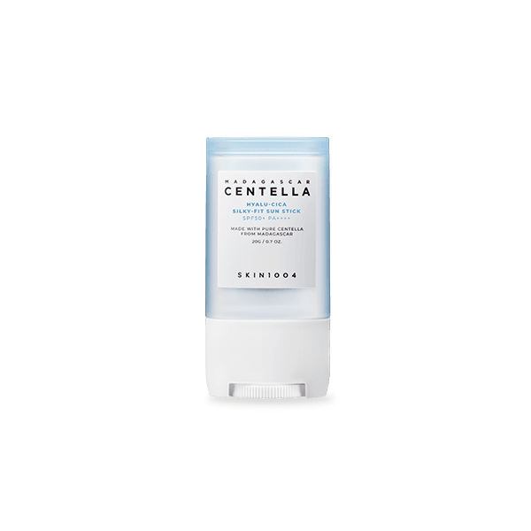 White and pale blue sun protection stick container with moisturizing benefits on clear background