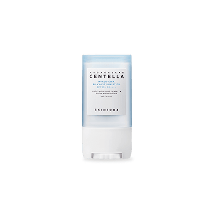 White and pale blue sun protection stick container with moisturizing benefits on clear background
