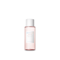 Clear pink toner bottle with white cap and minimal label focused on pore minimizing skincare benefits