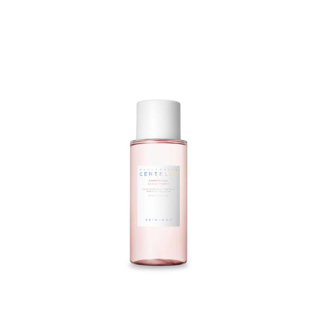 Clear pale pink toner bottle with white cap and minimalist label for pore minimizing skincare on white background