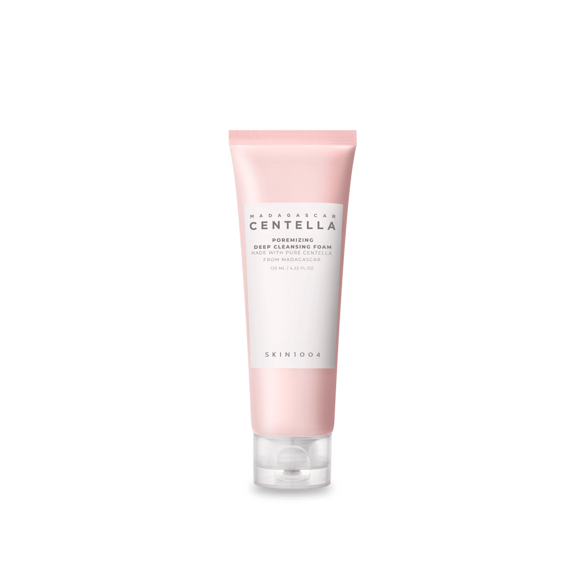 Pink tube of pore minimizing deep cleansing foam with centella extract and clear flip cap on white background