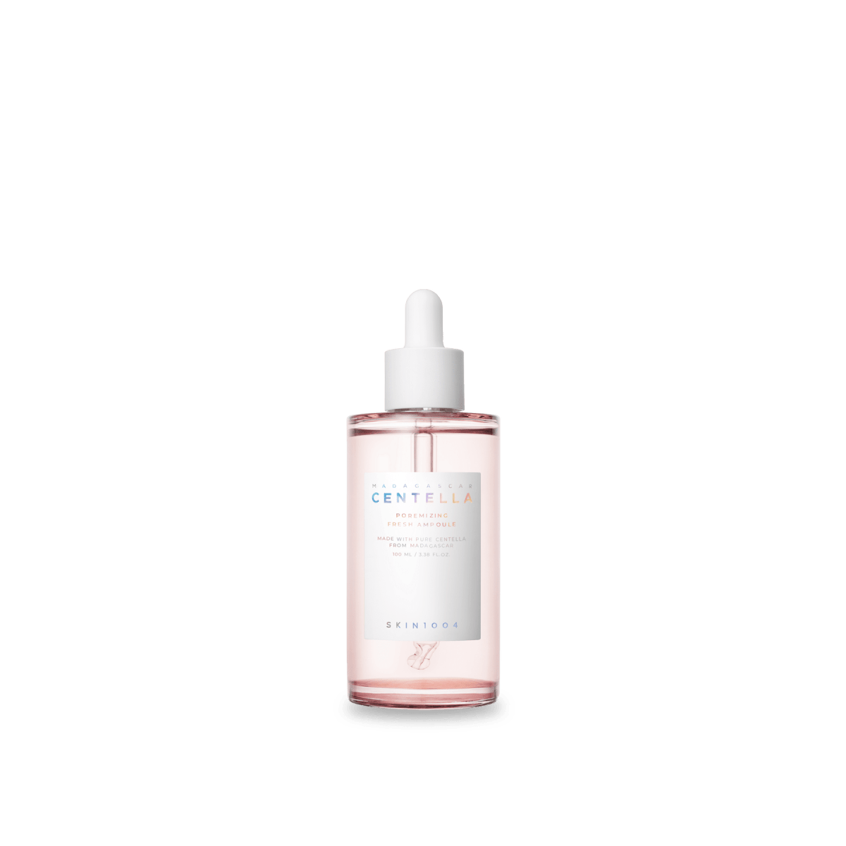 Clear dropper bottle of pore minimizing ampoule serum with light pink liquid and minimal label design