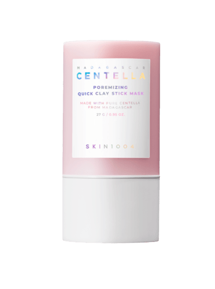 Pink and white stick container of pore cleansing quick clay mask with minimalist label design on white background