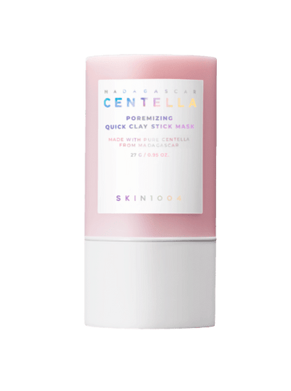 Pink and white stick container of pore cleansing quick clay mask with minimalist label design on white background