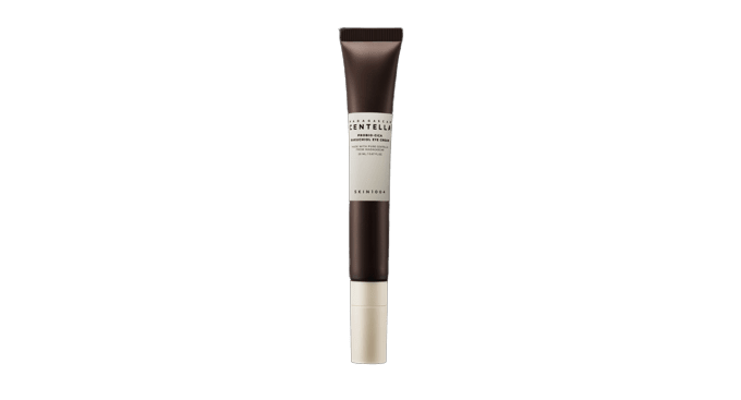 Slim dark brown tube of Bakuchiol eye cream with beige label and pump dispenser for anti-aging skincare care