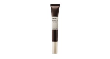 Slim dark brown tube of anti-aging Bakuchiol eye cream with beige cap and minimalist label on white background