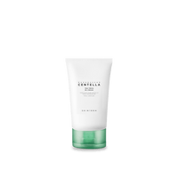 White tube of hydrating cream with green cap labeled for centella and skin soothing benefits on plain background