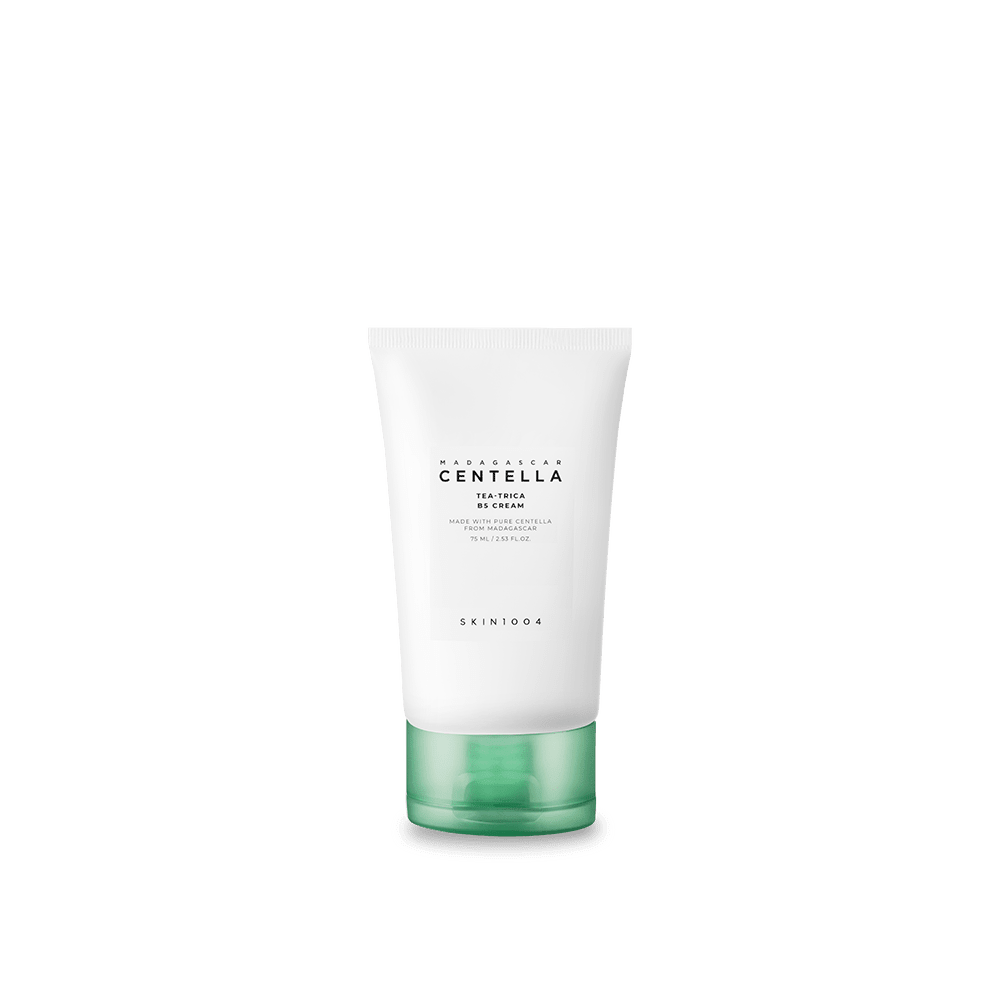 White tube of hydrating cream with green cap labeled for centella and skin soothing benefits on plain background